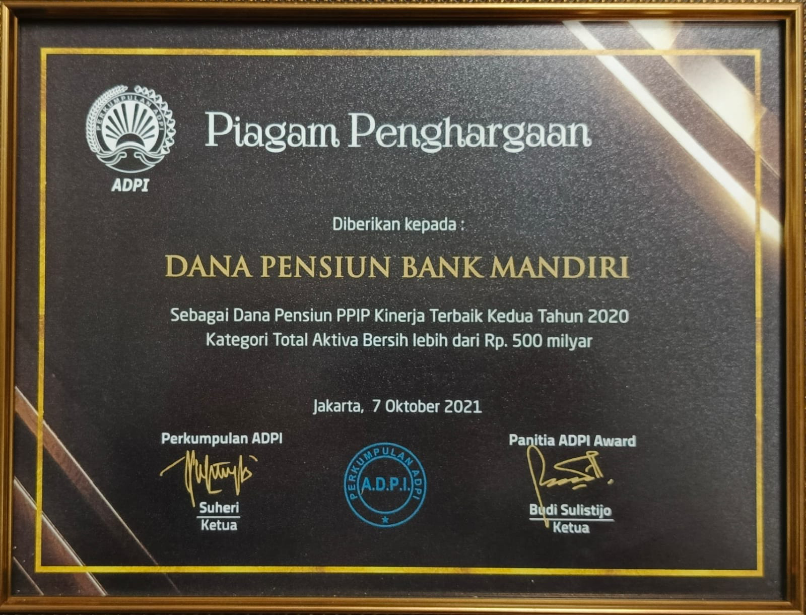 Sebagai Dana Pensiun PPIP Kinerja Terbaik Kedua Tahun 2020 Kategori Total Aktiva Bersih lebih dari Rp. 500 milyar