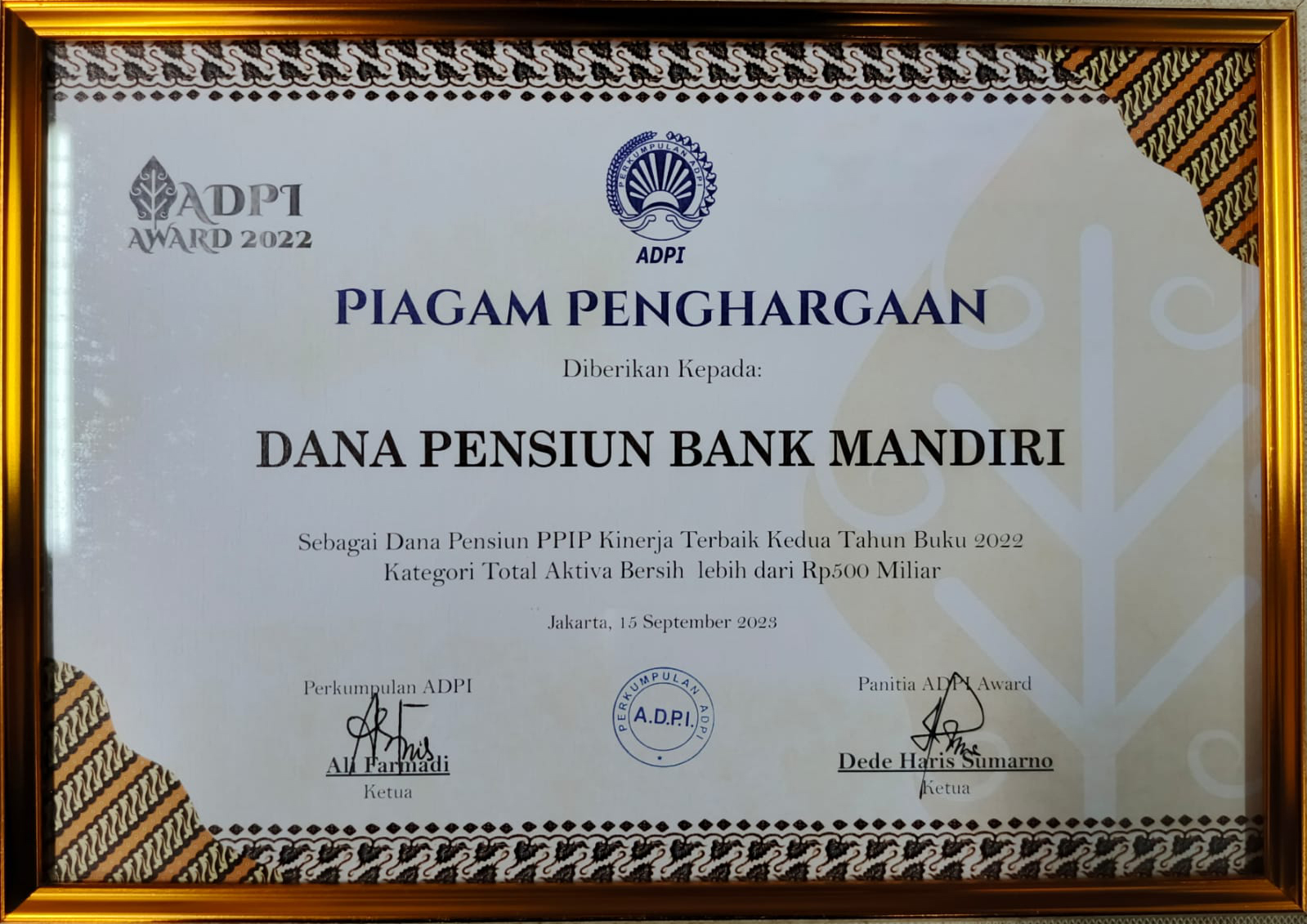 Sebagai Dana Pensiun PPIP Kinerja Terbaik Kedua Tahun Buku 2022  Kategori Total Aktiva Bersih lebih dari Rp500 Miliar